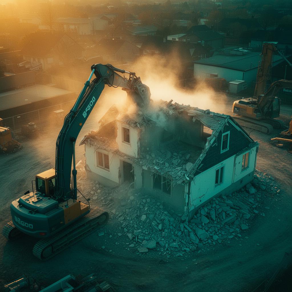 Residential demolition site with heavy machinery